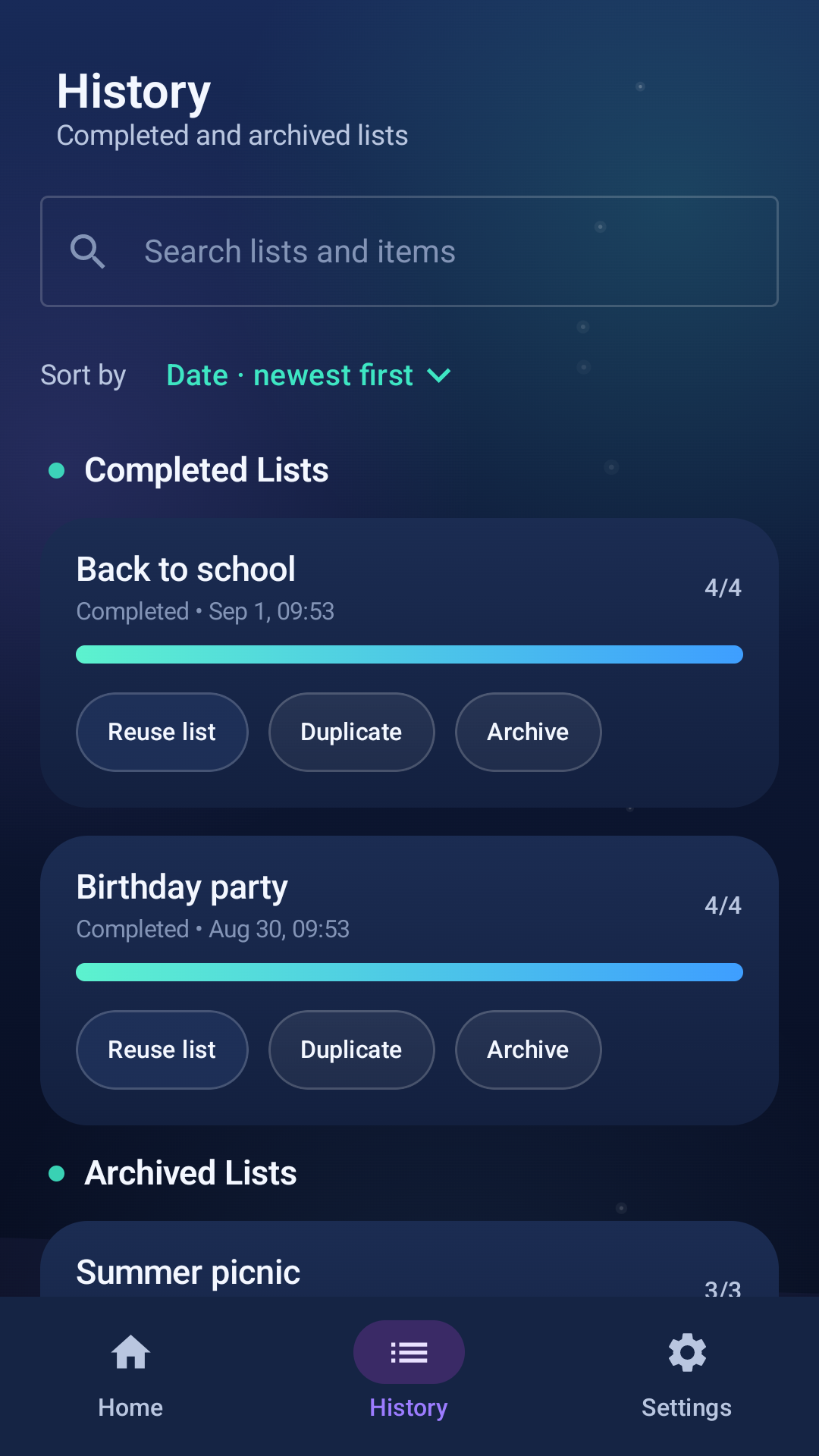 Minimalist Shop Journal history screen