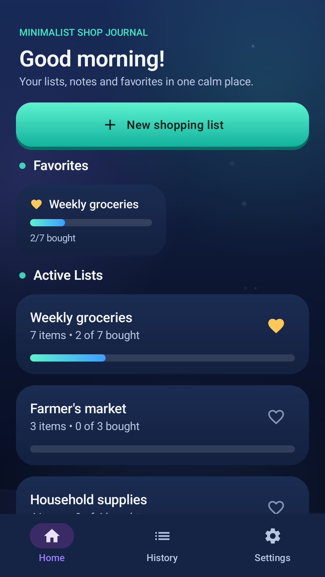 Minimalist Shop Journal home screen